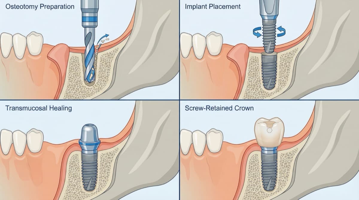 Dental implant procedure diagram showing surgical placement steps