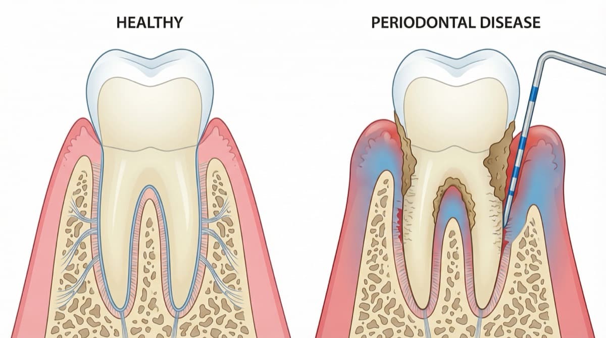 Dental patient education materials illustrating periodontal tissue changes around a tooth
